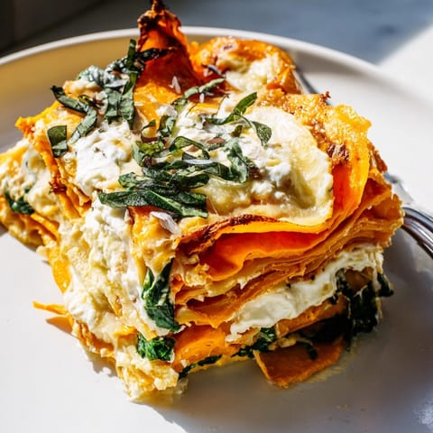 Close-up of Alfredo Sweet Potato Lasagna showing soft potato and melted mozzarella topping.