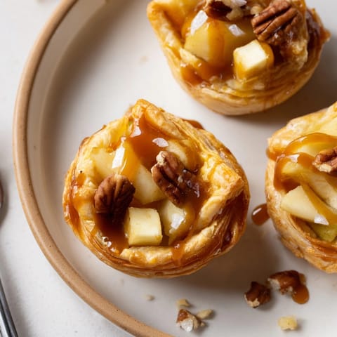 Close-up of Caramel Apple Brie Bites: tiny pastry cups, brie, apples, baked golden.