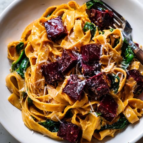 A bowl of vibrant Pumpkin Pasta with Roasted Maple Beet recipe ready to enjoy.