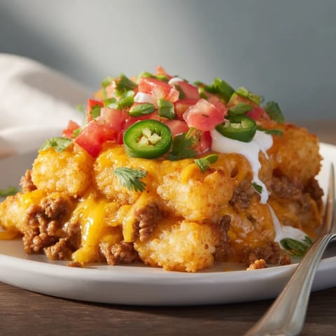 Indulgent Mac and Cheese Tex-Mex Tater Tots, drizzled with salsa and garnished beautifully.  