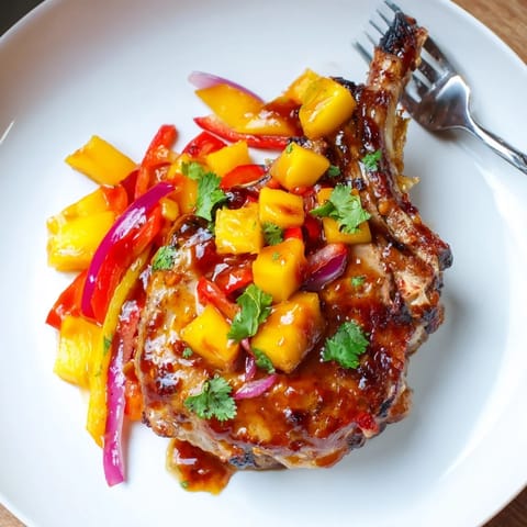 Sweet and tangy Mango BBQ Pork Chop Bake garnished with fresh cilantro, ready to serve.  
