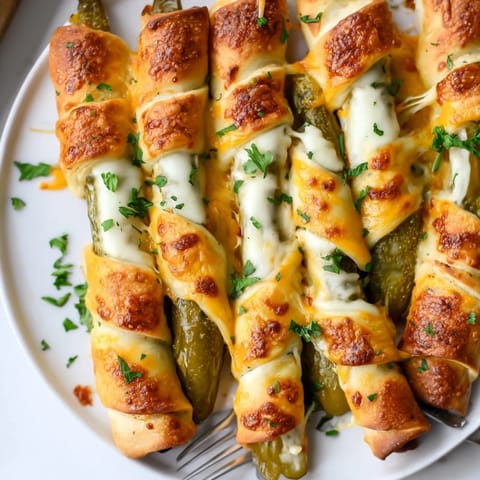 Golden-brown Cajun Pickle Pizza Sticks, bursting with gooey cheese and zesty dill pickles.  