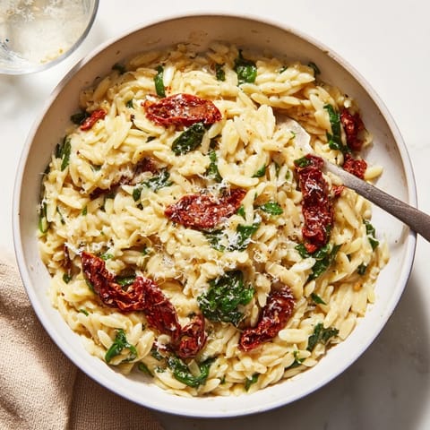 Bowl of Creamy Tuscan Orzo, garnished with sun-dried tomatoes and fresh herbs.  
