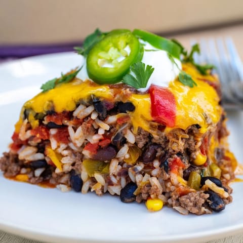 Hearty Tex-Mex Beef & Rice Casserole, loaded with spices and flavorful ingredients.  
