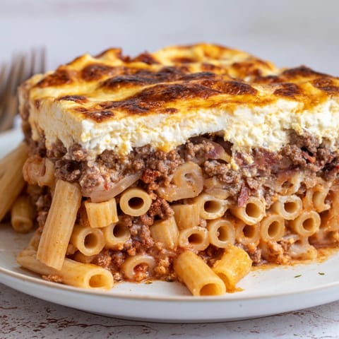 Golden-brown Greek pastitsio, a comforting blend of pasta, meat, and creamy béchamel.  