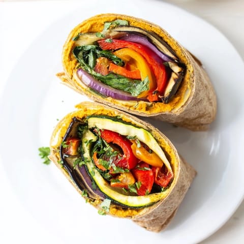 Savory roasted vegetable and creamy hummus wraps, packed with Mediterranean flavors.  