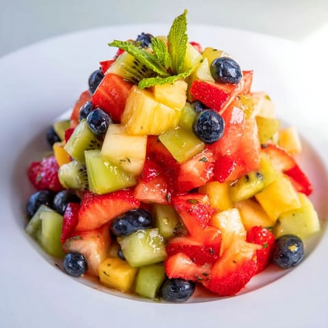 Colorful fruit medley featuring strawberries, pineapple, and mint in Maple Mojito Fruit Salad.  
