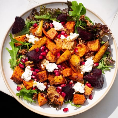 Vibrant image of the seasonal root vegetable & goat cheese salad, topped with ruby pomegranate.