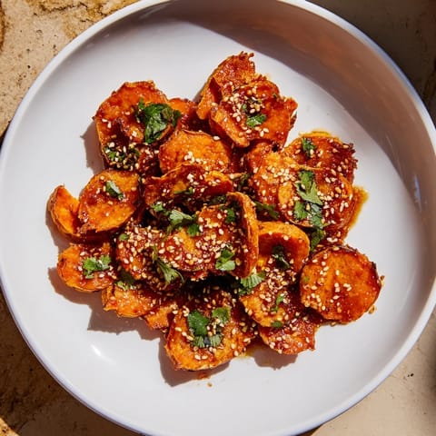 Close-up of crispy, glazed Smashed Sweet Potatoes, the vibrant gochujang butter adds a spicy tang.