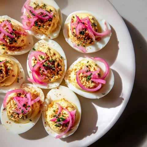 A close-up shot of creamy everything-spiced deviled eggs, showcasing delicious yolk filling and seasoning.