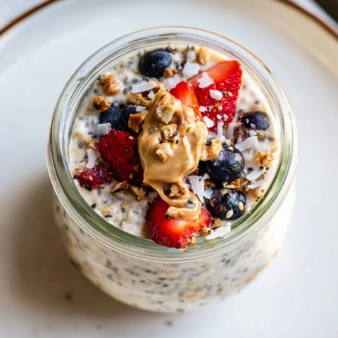 Close-up of Overnight Oats in Jars, creamy and ready to eat, perfect for a quick breakfast.