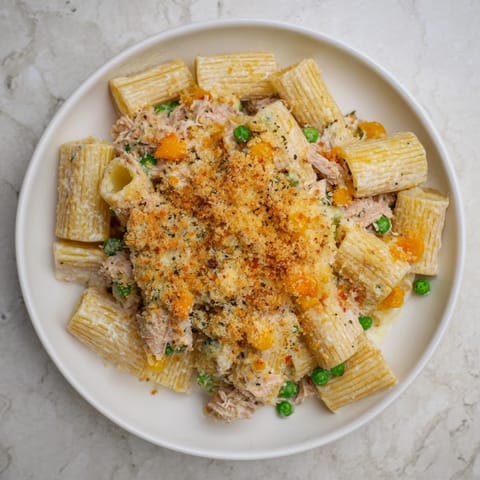 Cheesy Tuna Pasta Bake with a crispy breadcrumb topping, perfect for a cozy weeknight meal.
