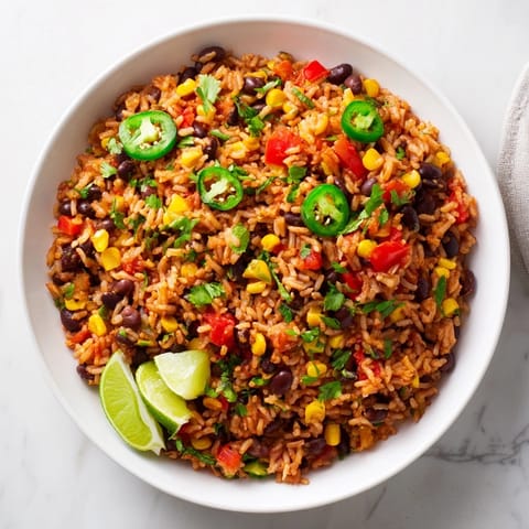 A close-up of the perfectly cooked One-Pot Mexican Rice & Beans, ready to serve with spicy jalapeños.