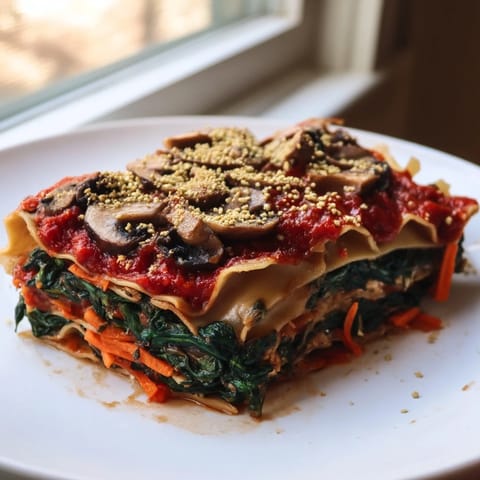 A close-up of a warm, bubbling vegan mushroom spinach lasagna with fresh basil garnish.