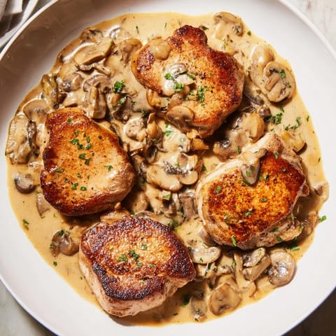 A close-up of tender Stove Top Pork Chops, coated in glossy mushroom sauce, with fresh parsley.