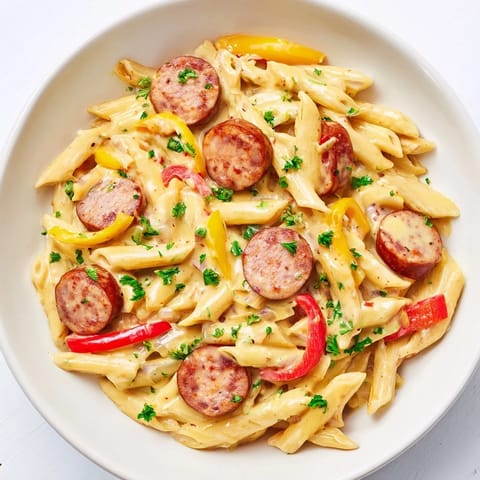 Close-up of creamy Cajun Spiced Smoked Sausage Alfredo, garnished with fresh parsley and cheese.