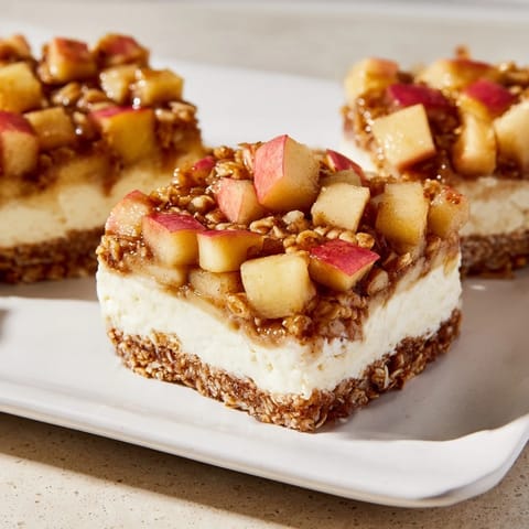 Moist cream cheese and apple layers form delicious Apple Crisp Cheesecake Bars, ready to serve.