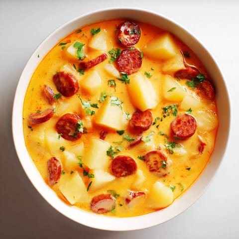 A close-up of the Creamy Chorizo Potato Soup, garnished with fresh parsley, ready to eat.