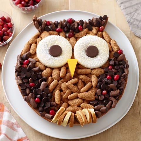 A festive Owl Hooting Dessert Board displays sweet details: cookies, candy eyes, and vibrant fruit accents.