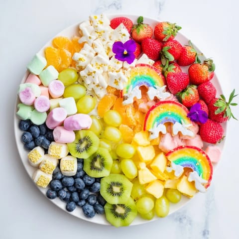 This vibrant Magical Unicorn Rainbow Dessert Board showcases a rainbow of sweets, perfect for any celebration.