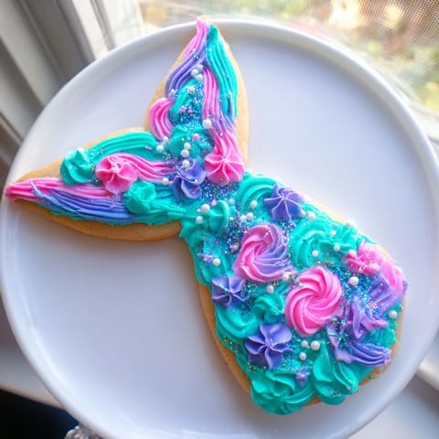 Colorful mermaid tail sweets decorated with edible shimmer and candies, a dessert delight.