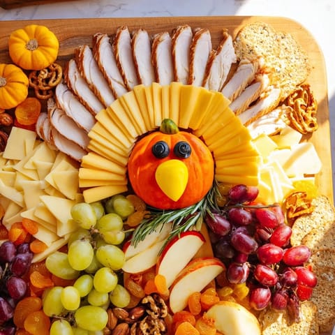 A beautiful overhead shot shows the festive Wheat Field Thanksgiving Turkey Board with a colorful arrangement.