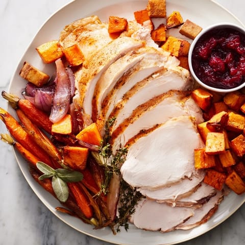 Golden-brown Harvest Turkey Platter, drizzled with savory cranberry sauce for a delicious holiday meal.