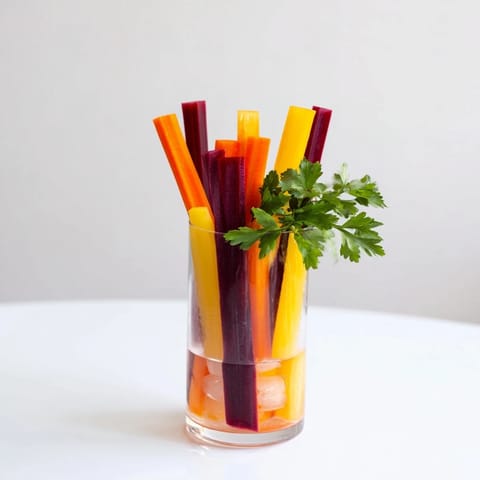 Chilled rainbow carrot sticks, beautifully arranged in glasses, a simple and vibrant crudités snack idea.