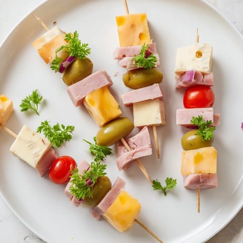 Delicious Savory Skewers ready to serve; these include meat, cheese, and pickle bite-sized treats.