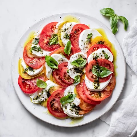 Fresh, vibrant sliced tomatoes and mozzarella rounds, simply drizzled with olive oil and basil for a light Italian appetizer.