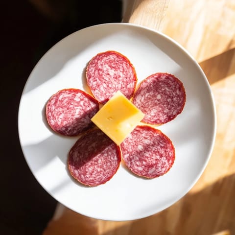 Beautifully arranged Tudor Rose appetizer with salami and cheese; perfect for a party platter.