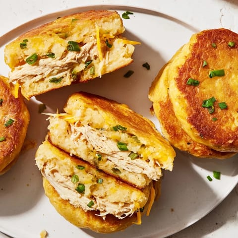 Close-up of freshly fried Potato and Chicken Cakes, a hearty and satisfying main course, ready to serve.
