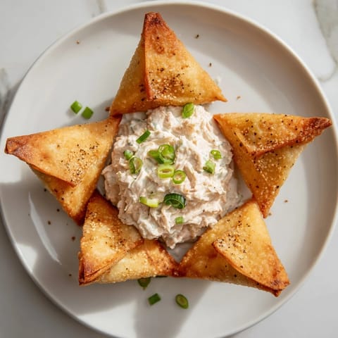 A close-up of crispy Air Fryer Lumpia Chips surrounded by a rich, creamy chicken dip ready to eat.