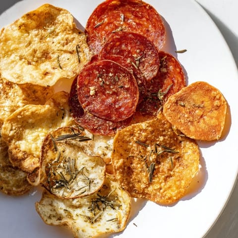 A close-up of perfectly baked charcuterie chips, offering a delicious combination of meats and cheeses.