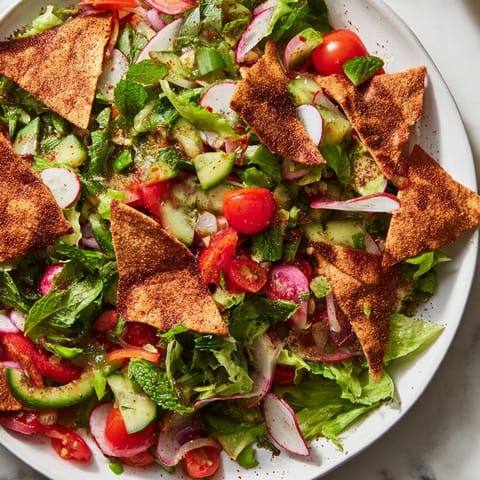 A close-up of a refreshing Fattoush Crunch Salad with crispy pita, herbs, and bright, flavorful ingredients.
