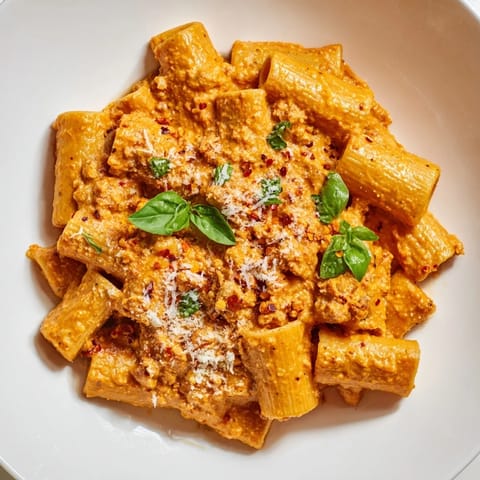 Close-up of al dente Spicy Rigatoni Pasta, coated in a rich tomato and cream sauce, garnished with basil.