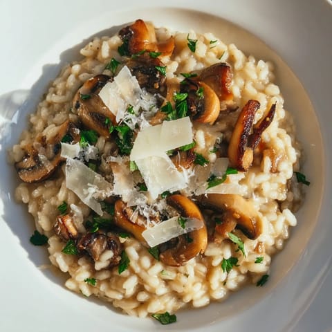 A steaming bowl of Roasted Mushroom Risotto, garnished with fresh parsley and extra Parmesan cheese.