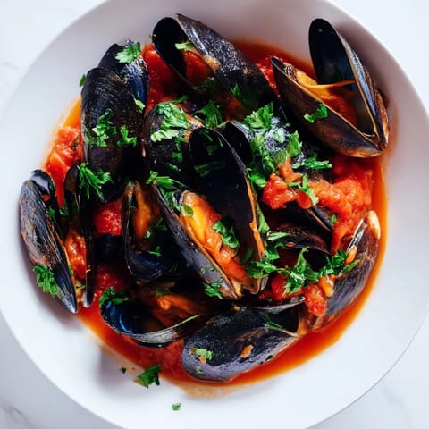 A close-up of tender mussels in a vibrant, smoky red sauce garnished with fresh parsley for a Mediterranean flavor.  