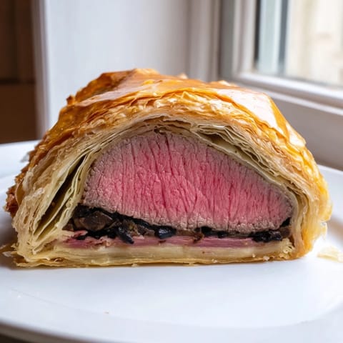 Sliced Beef Wellington reveals tender pink beef beneath its savory mushroom duxelles and crispy crust.  