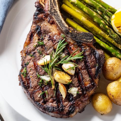 Perfectly seared bone-in rib eye steak rests beside tender potatoes and crisp asparagus, ready to serve with a Cabernet Sauvignon.