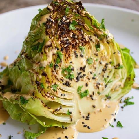 A close-up of tender roasted cabbage wedges drizzled with creamy tahini sauce and sprinkled with sesame seeds.