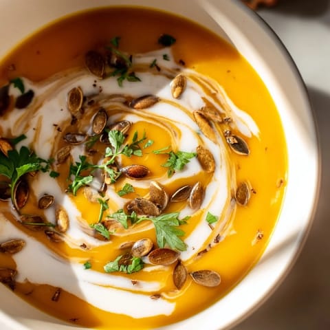 Creamy Butternut Squash Soup in a rustic bowl, garnished with fresh herbs and a swirl of coconut cream for warmth.  