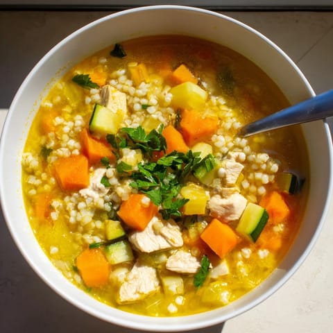 Soothing Turmeric Chicken With Pearl Barley simmering on the stove, featuring tender chicken, carrots, celery, and aromatic spices.