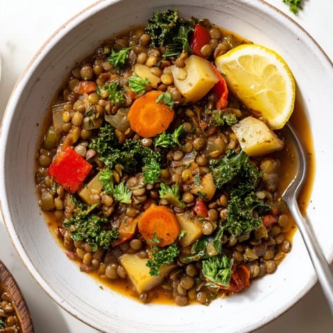 Comforting Vegetarian Lentil Stew simmering in a pot, garnished with fresh parsley and served with crusty bread.