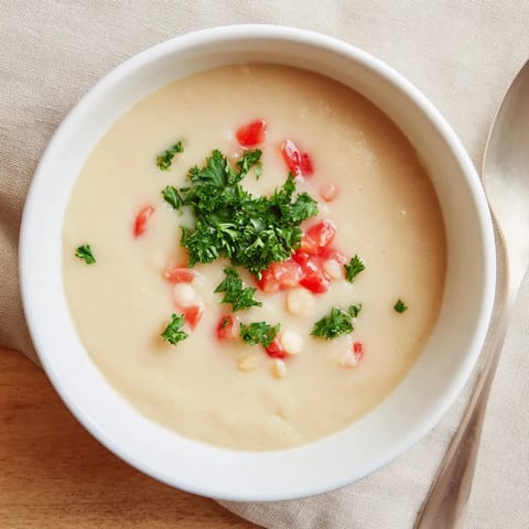 Close-up of velvety White Bean Soup with Tomato, featuring tender beans and diced tomatoes in a rich broth.