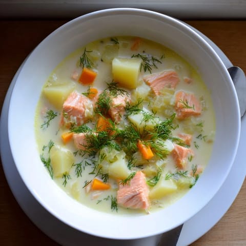 A comforting bowl of Finnish Salmon Soup garnished with dill and a slice of rye bread.