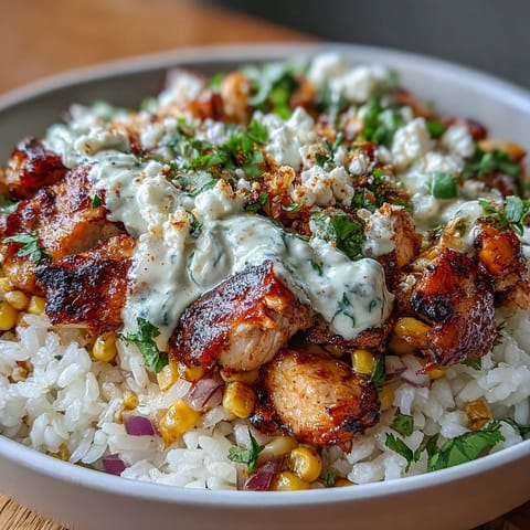 Flavorful Street Corn Chicken Rice Bowl with charred corn, juicy chicken, and creamy tajín-lime sauce.