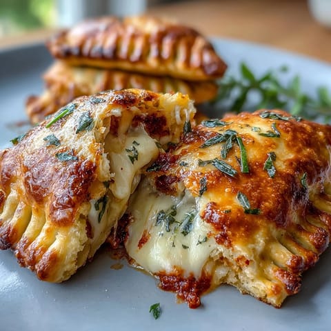 Golden-brown High Protein Pizza Hot Pockets rest on parchment, revealing a cheesy, saucy filling.