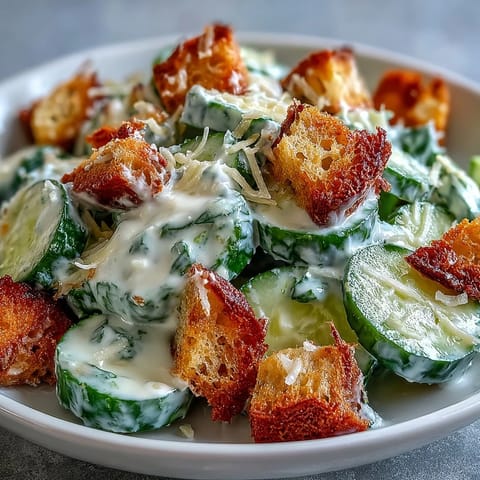 A chilled Cucumber Caesar Salad garnished with extra Parmesan, offering a refreshing, crunchy twist on the classic Caesar.  