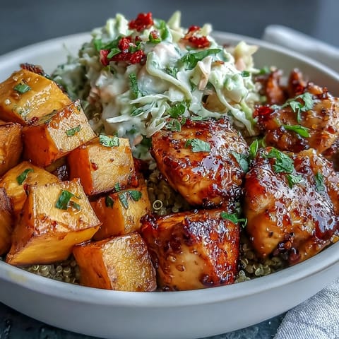 Flavorful Hot Honey Chicken Bowl piled high with colorful ingredients for dinner.